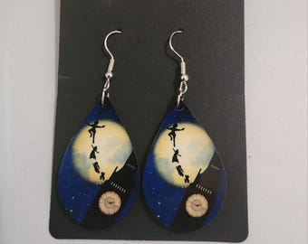 Peter Pan Wood Earrings, Teardrop Dangle, Hypoallergenic Titanium