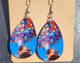 Up House Balloon Teardrop Wood Earrings, Hypoallergenic Titanium, Handmade