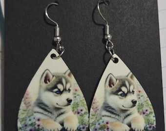 Hunde- Ohrringe Siberian Husky Teardrop Holzohrringe, Handgemachter Schmuck, Antiallergischer Clip-On, Titan