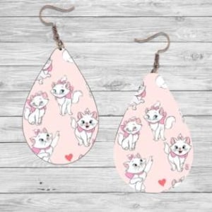 Aristocats Earrings,  Marie Cat Teardrop Wood Earrings, Dangle Earrings, Handmade Jewelry, Hypoallergenic Clip On, Titanium Variety of Style