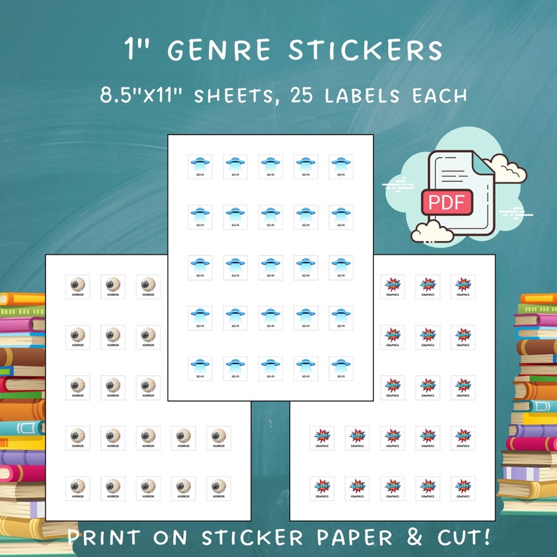 Library Book Spine Labels Printable Fiction Genre Icons Stickers for