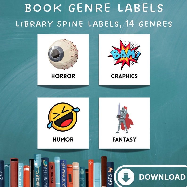 Library Book Spine Labels Printable Fiction Genre Icons Stickers for