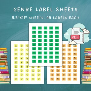 May include: Three printable sheets of 8.5" x 11" genre labels. Each sheet has 45 labels with a different color and design. The labels are for organizing books and feature a smiling face icon.