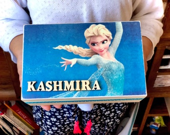 Frozen, gift, personalised, Disney, Easter gift, wooden box, jewellery, storage, room decor, hair accessories, party, girl, princess, Elsa