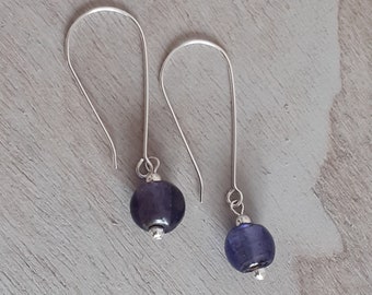 Purple Silver Foil Glass Bead Drop Earrings - Sterling Silver