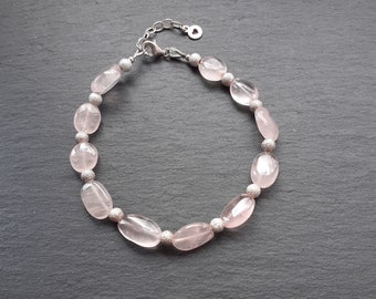 Rose Quartz and Stardust Silver Bead Bracelet - Sterling Silver