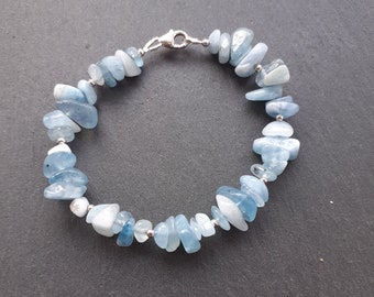 Aquamarine chip and Silver Bead Bracelet - Sterling Silver