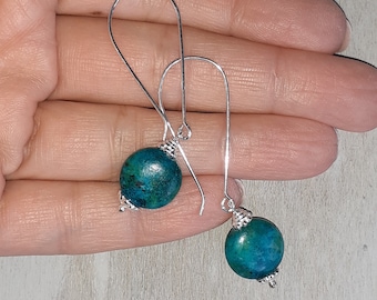 Green Azurite Malachite Drop Earrings - Sterling Silver