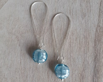 Aqua Blue Silver Foil Glass Bead Drop Earrings - Sterling Silver