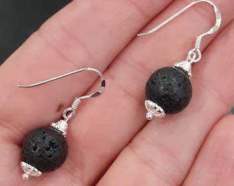 Black Lava Stone Drop Earrings - Sterling Silver