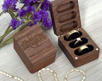 Caja triple para anillos de terciopelo y madera de nogal: Anillo personalizado para boda y compromiso.