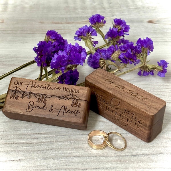 Wood Ring Box, Engraved Heirloom Ring Box for two Rings, Wedding Ceremony Ring Bearer Box, Engagement Ring Storage Holder Gift, Double Ring