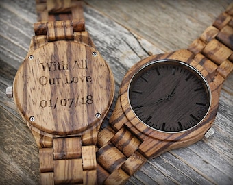 Personalized Zebra Wood Watch: Engraved Wooden Watch for Men