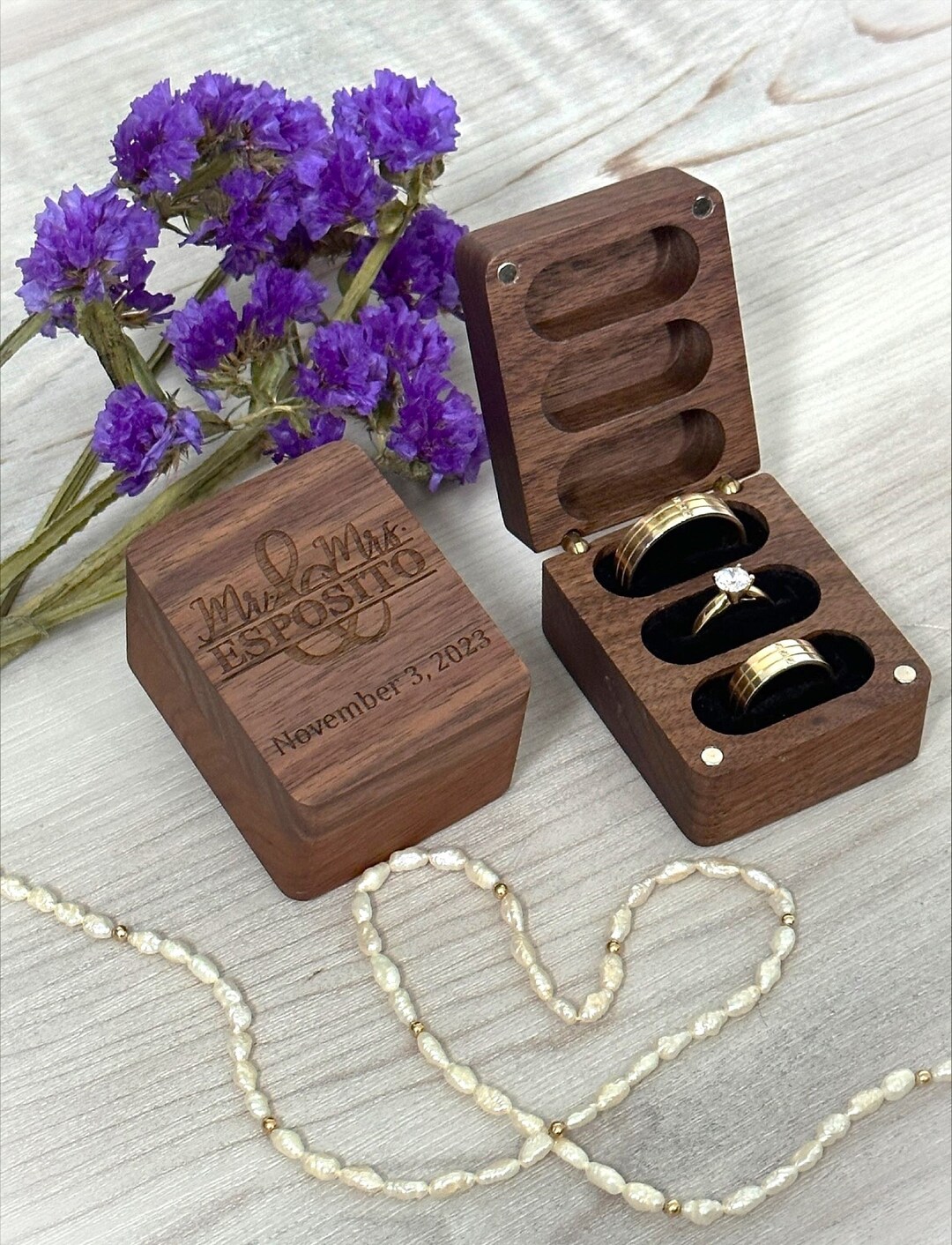 Walnut Wood Velvet Triple Ring Box: Personalized Wedding Engagement - Etsy
