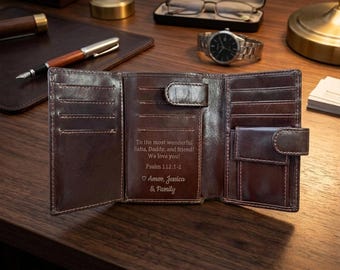 Personalized Leather Trifold Wallet - Custom Engraved Gift for Him Birthday Anniversary Fathers Day Gift