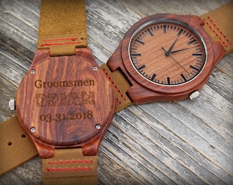 Mens Engraved Wood Watch: Personalized Leather Strap Gift