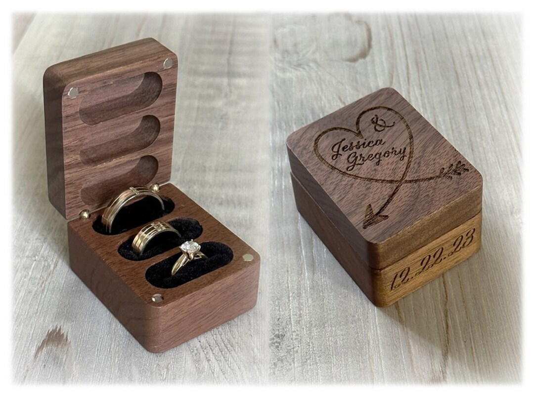 Walnut Wood Triple Ring Box: Velvet Interior, Personalized Wedding Ring ...