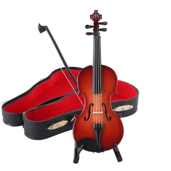 Miniature Instrument Wood Acoustic Violin Folk Music Instrument Miniature Replica with Cute Case - 4 Inches Music Lover Birthday Gift