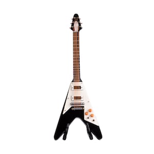 Mini Electric Guitar V Shape Series Black Miniature Collectible Dollhouse Replica Guitar with Stand and Case - 7 inches