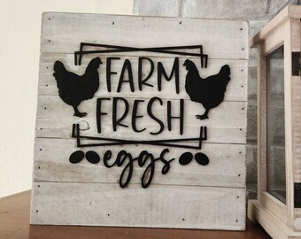 Farm Fresh Eggs Sign – Rustic Handpainted Wood, Chicken Decor, whitewashed sign, laser cut wood sign