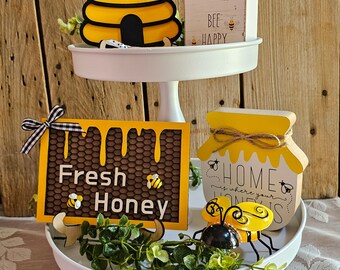 Bee tiered tray decor, tiered tray set, honey bee, honey, fresh honey, bee hive, bee happy, bee set, laser cut tiered tray decor, custom