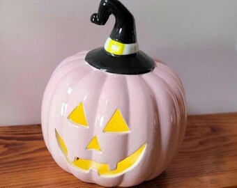 Pink jack o' lantern with hat ceramic pumpkin, fall decor, cute pumpkin, light up pumpkin, colored pumpkin, pink pumpkin, pumpkin decor,cute