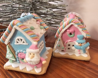 Gingerbread house ornament, pink, candy theme, Christmas decor, pink decor, holiday decor, Christmas decor, blue, nostalgic decor, lighted