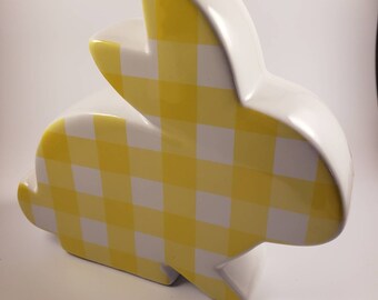 Blue and yellow buffalo check bunny, ceramic bunny, tiered tray decor, bunny craft supply, vinyl blank, buffalo check easter, farmhouse
