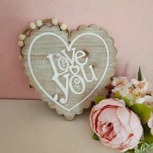 Laser engraved heart wall hanging, heart decor, wall decor, rustic, distressed, farmhouse decor, shabby chic decor, beaded decor, Love sign