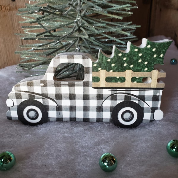 Buffalo Check Truck with Tree, farmhouse truck, buffalo check decor, tiered tray decor, christmas truck, truck accent decor, truck with tree