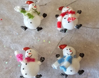 Snowmen Mini ornaments, Ornaments, Glittery, Plastic, Craft Supply, Winter, Christmas, Set of 4, Christmas decor, sparkly, mini decor, cute
