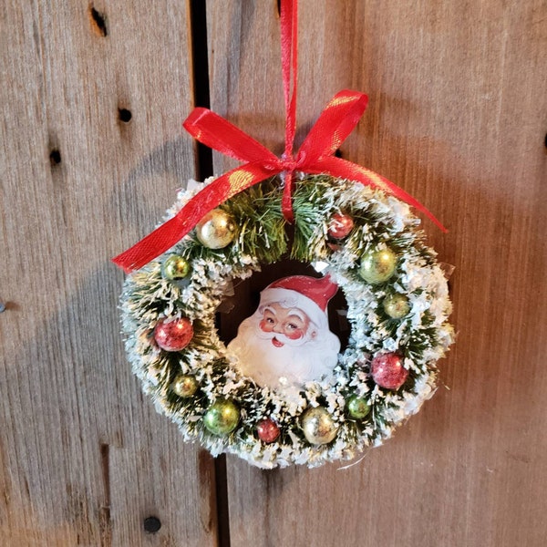 Nostalgic Santa Ornament, retro ornament, glitter flocked mini wreath ornament, tiered tray decor, Christmas ornament, tree ornament, Santa