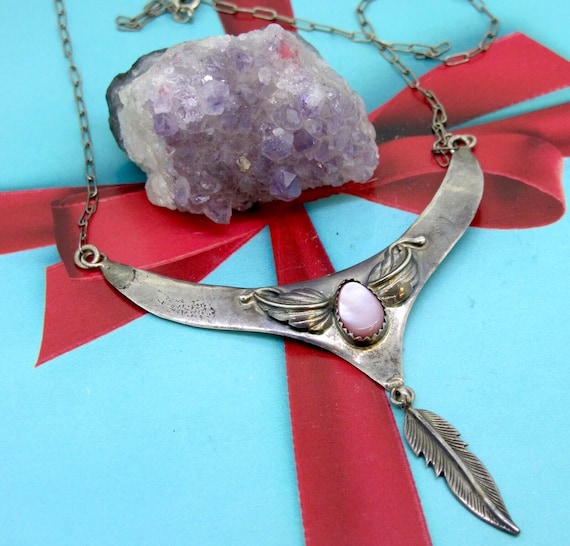 Vintage Sterling Silver Floral & Feather Pink Sto… - image 1