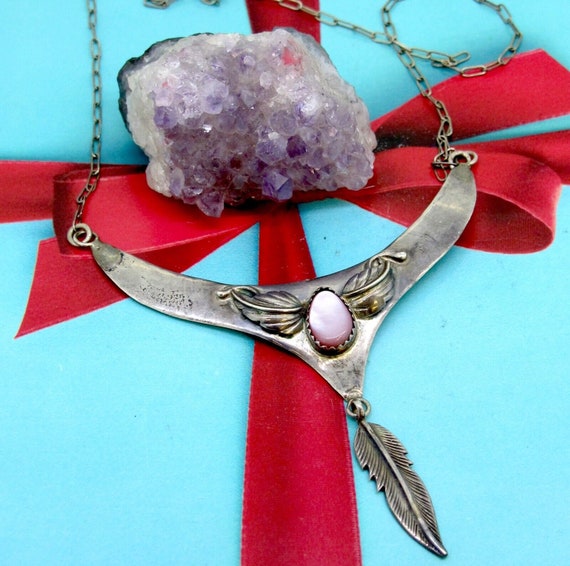 Vintage Sterling Silver Floral & Feather Pink Sto… - image 4