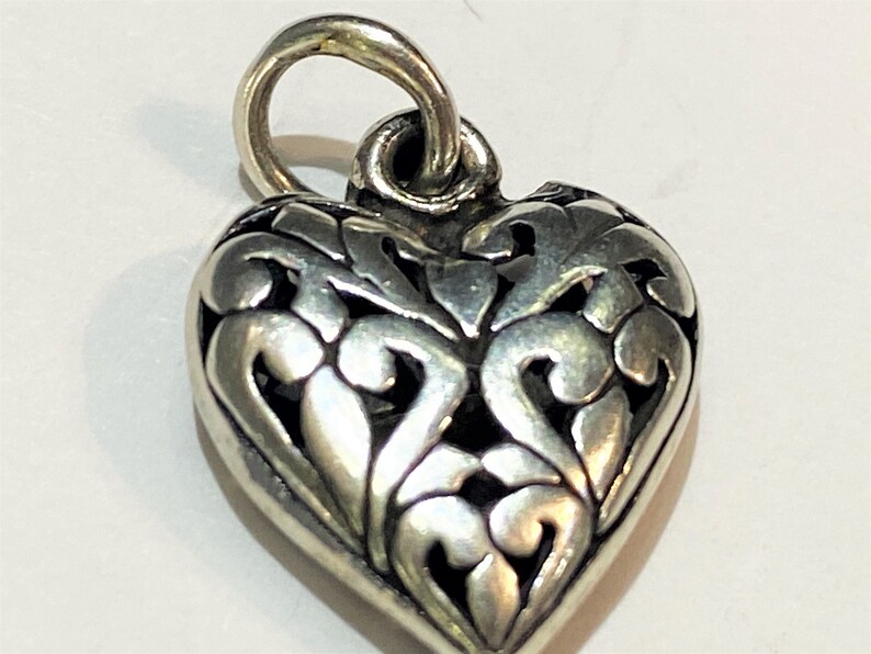 Vintage Sterling Silver Intricate Puff Heart Charm Pendant