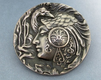 Antique Unger Brothers Sterling Silver Art Nouveau Maiden Woman & Peacock Brooch
