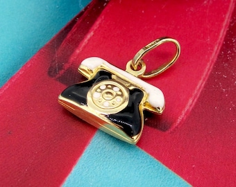 14k Yellow Gold Vintage Rotary Phone Black and White Enamel Charm/Pendant