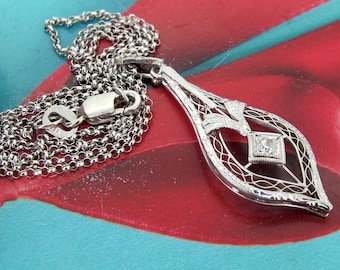 Diamond .05 ct 14k White Gold Antique Pendant Chain Necklace 16 inch