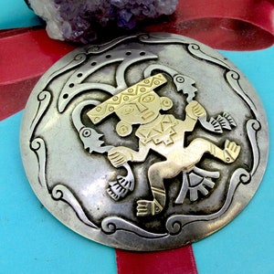 Ciondolo con spilla rotonda peruviana del Perù in argento sterling e oro 18k Chavez vintage
