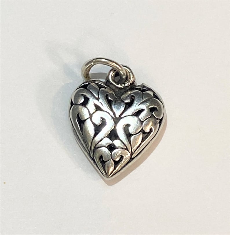 Vintage Sterling Silver Intricate Puff Heart Charm Pendant