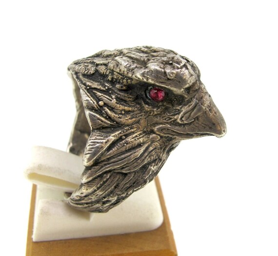 Vintage Sterling Silver Eagle Head Ruby Eyes Ring… - image 1