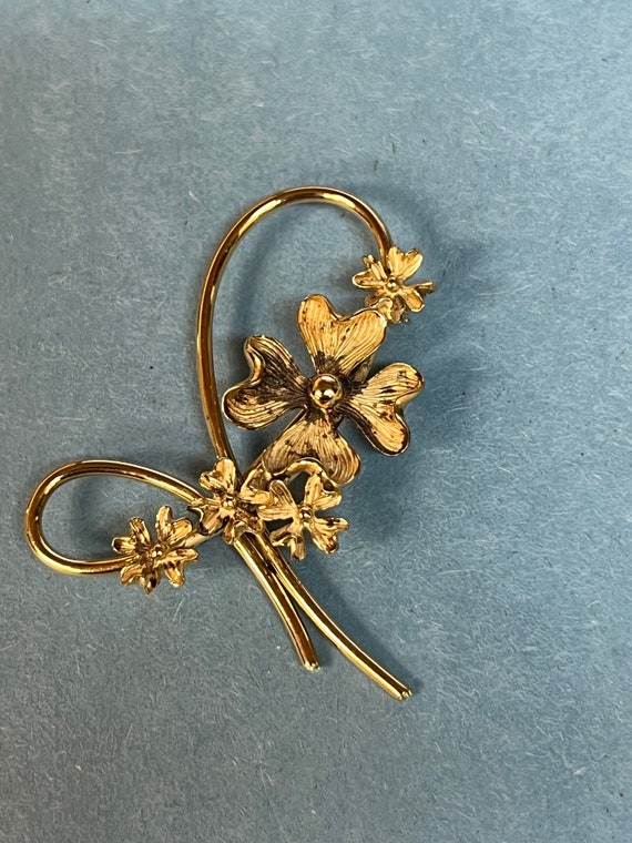 Gold Tone Sterling Silver Floral Design Brooch/Pi… - image 2