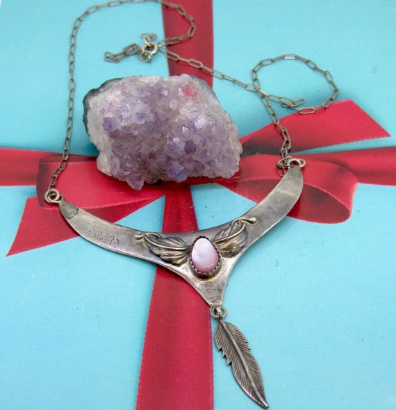 Vintage Sterling Silver Floral & Feather Pink Sto… - image 3