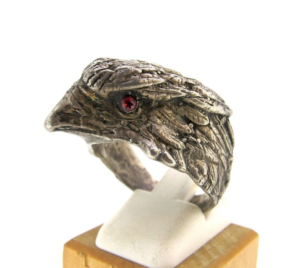 Vintage Sterling Silver Eagle Head Ruby Eyes Ring… - image 2
