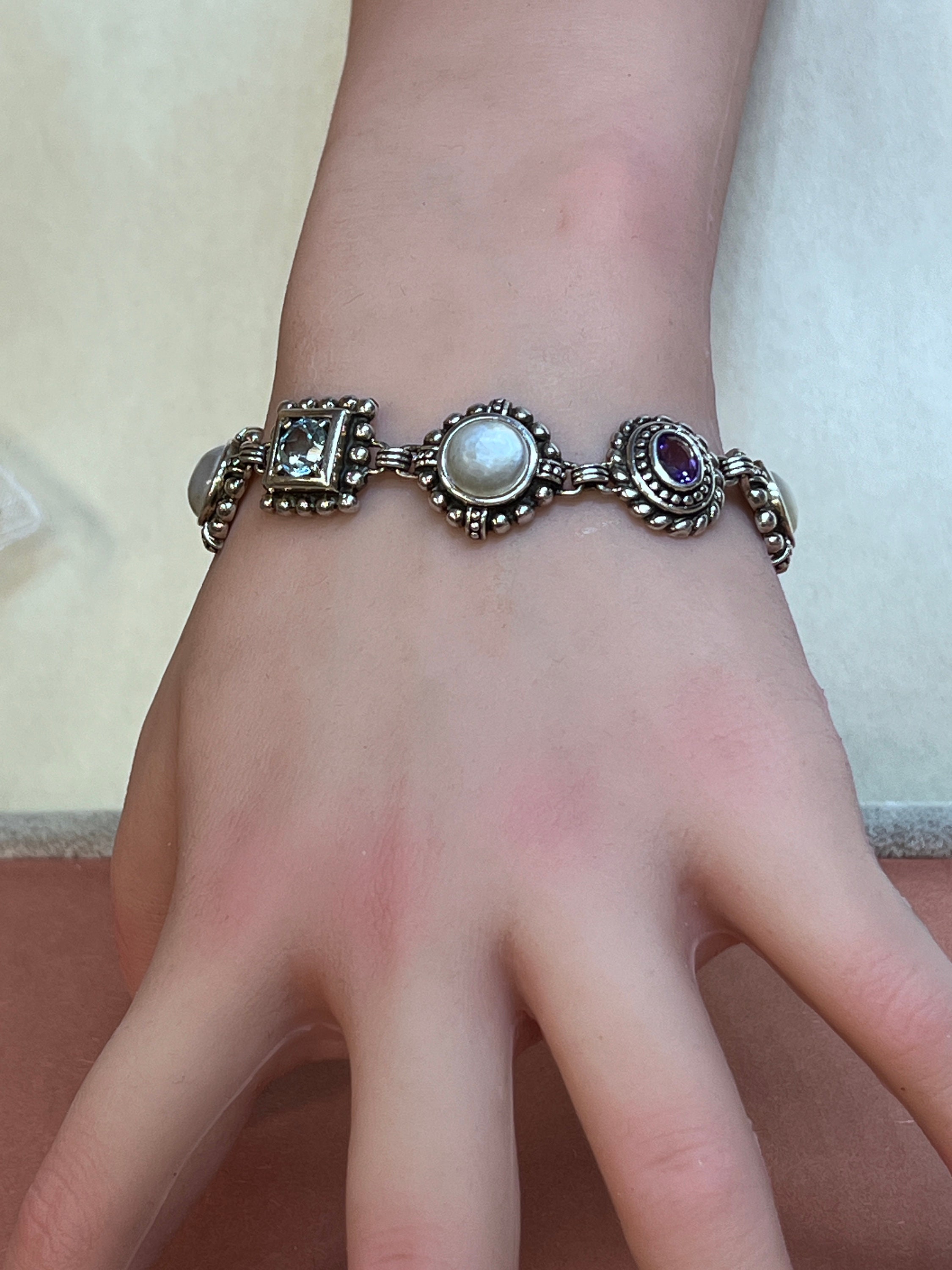 Bracciale Donna Con Ametista E Topazio – Argentato Placcato Platino – Luce Blu E Viola – 7.4 Pollici
