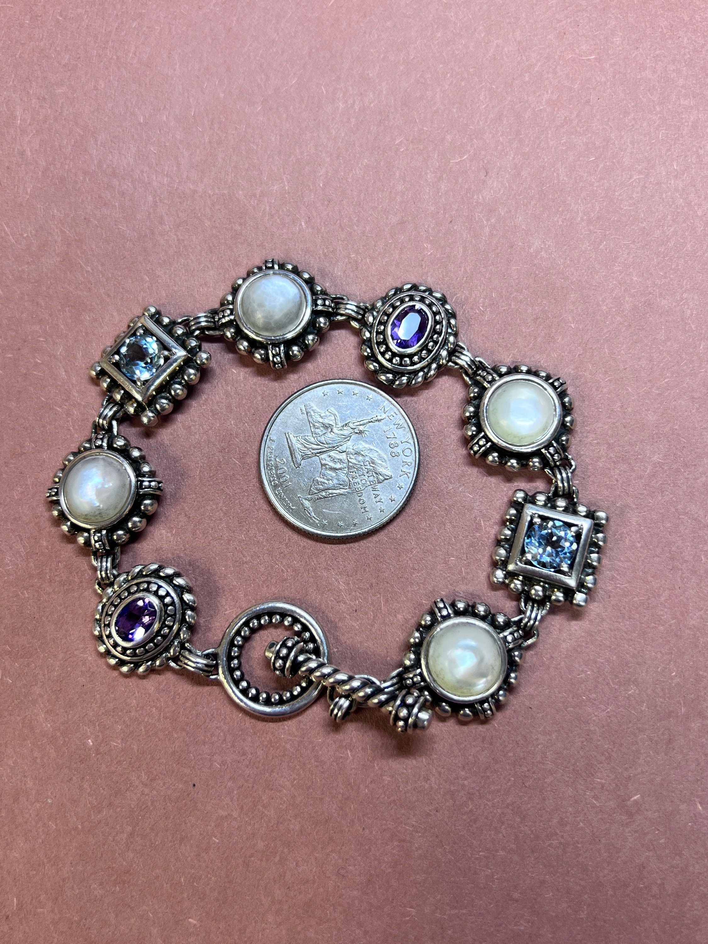 Bracciale Donna Con Ametista E Topazio, Mix Di Colori Blu E Viola, Placcato Argento, 7,4 Pollici