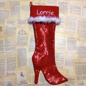personalized Christmas stocking, red Christmas stocking, custom Christmas stocking for her, red Holiday decor, red Christmas decor, sequin