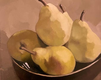 Pears in a Bowl, 10x10 square gallery stretched canvas, still life art