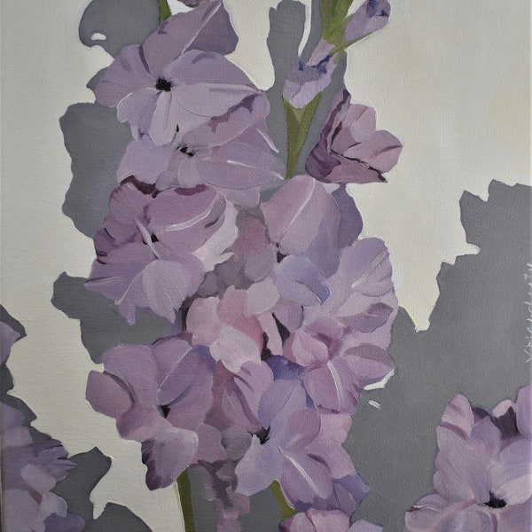 Flower shadows painting 11x14 pink gladiola painting ,mauve flowers with shadows oil painting