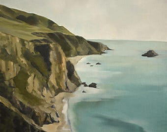 May include: An oil painting of a coastal landscape featuring steep, grassy cliffs in shades of olive and dark green descending to a sandy beach. The turquoise ocean water meets the shore with white foam, and a small rock formation sits in the sea.
